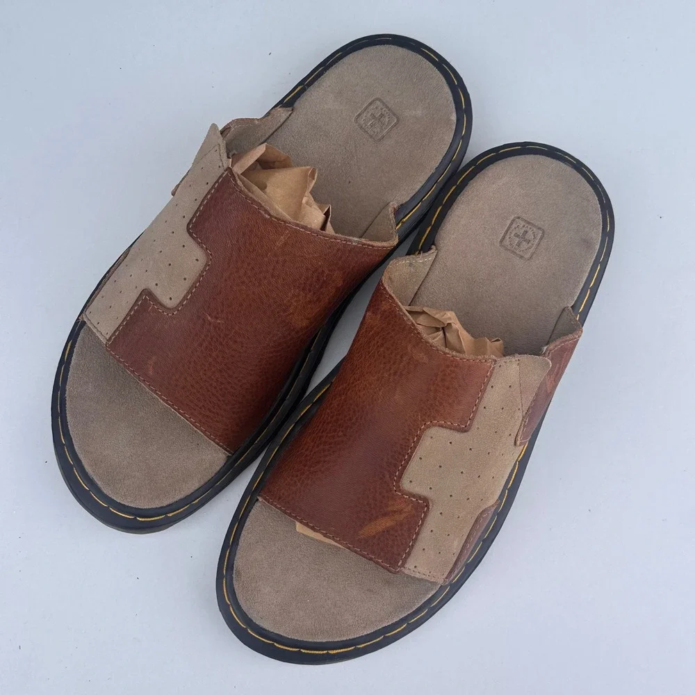 Vintage Dr. Martens Mens Brown Leather Tan Suede Slide Sandals Read Sz 8